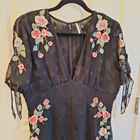 NEW Topshop Patterned Black V-Neck Sheer Midi Dress with Embroidery, Size 12 - Picture 1 of 11
